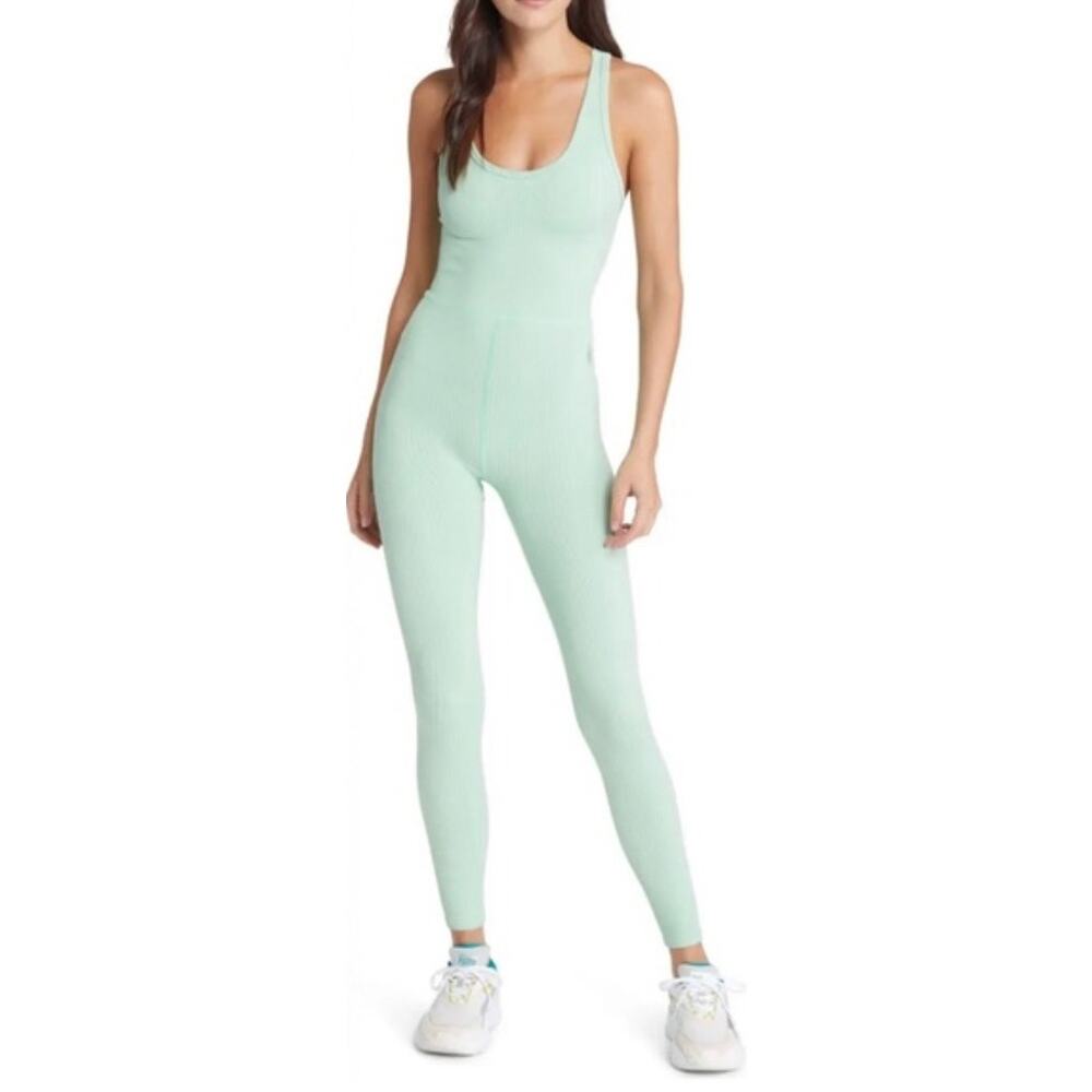 Free People Movement Throw One Piece Bodysuit Romper Sage Green Ribbed Stretch S